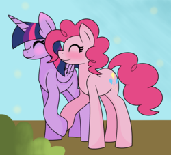 Size: 2608x2368 | Tagged: safe, artist:mississippikite, pinkie pie, twilight sparkle, alicorn, earth pony, pony, g4, 30 day otp challenge, blushing, bush, cute, diapinkes, eyes closed, female, high res, holding hooves, lesbian, mare, ship:twinkie, shipping, sky, smiling, twiabetes, twilight sparkle (alicorn)