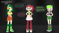 Size: 8000x4500 | Tagged: safe, artist:metalhead97, cherry crash, rose heart, sweet leaf, equestria girls, g4, angry, boots, breasts, clothes, commission, earmuffs, female, looking at you, open mouth, shoes, show accurate, speech bubble