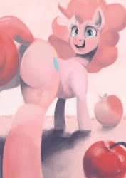 Size: 3508x4960 | Tagged: safe, artist:toisanemoif, pinkie pie, earth pony, pony, g4, balloonbutt, butt, cherry, female, food, looking at you, looking back, looking back at you, mare, open mouth, plot, simple background, solo, strawberry, teeth