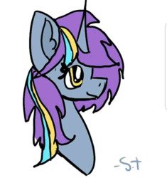 Size: 800x851 | Tagged: safe, anonymous artist, oc, oc only, oc:twinkle starstone, alicorn, pony, alicorn oc, bust, eyelashes, flat colors, horn, side view, signature, smiling, two toned wings