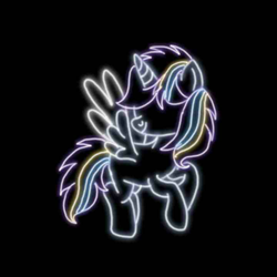 Size: 800x799 | Tagged: safe, artist:skycloud, oc, oc only, oc:twinkle starstone, alicorn, pony, alicorn oc, glowing, horn, looking back, neon, no eyes, smiling, spread wings, two toned wings, wings