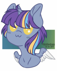 Size: 800x992 | Tagged: safe, artist:moondaydream, oc, oc only, oc:twinkle starstone, alicorn, pony, :3, alicorn oc, bust, chibi, eyelashes, horn, no pupils, signature, smiling, spread wings, two toned wings, wings, ych result