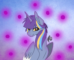 Size: 615x499 | Tagged: safe, artist:lilac love, oc, oc only, oc:twinkle starstone, alicorn, pony, alicorn oc, eyelashes, female, gradient background, half body, horn, lidded eyes, looking at you, mare, polka dots, signature, smiling, solo, wings
