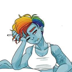 Size: 768x768 | Tagged: safe, artist:toxstaxes, rainbow dash, human, g4, cigarette, clothes, female, humanized, short hair, simple background, solo, sports bra, sweat, tattoo, white background, winged humanization, wings