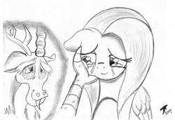 Size: 2031x1388 | Tagged: safe, artist:radiancebreaker, discord, fluttershy, draconequus, pegasus, pony, g4, the beginning of the end, crying, lineart, male, male pov, monochrome, offscreen character, pov, scene interpretation, teary eyes, traditional art
