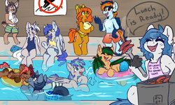 Size: 5000x3000 | Tagged: safe, artist:ruef, oc, oc only, oc:b.b., oc:camber, oc:delta dart, oc:gabriel, oc:melting, oc:ruef, oc:skysail, oc:storm feather, bat pony, earth pony, hippogriff, pegasus, pony, anthro, anthro with ponies, apron, clothes, cute, dialogue, food, furry, grill, meat, sausage, swimming pool, swimsuit, talons
