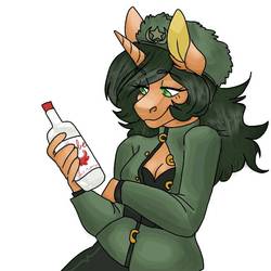 Size: 768x768 | Tagged: safe, artist:toxstaxes, oc, oc only, unicorn, anthro, alcohol, breasts, cleavage, female, hat, simple background, solo, ushanka, vodka, white background