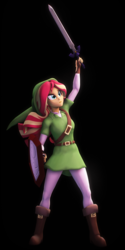 Size: 1770x3540 | Tagged: safe, artist:imafutureguitarhero, sunset shimmer, human, equestria girls, g4, 3d, belt, black background, boots, cap, chromatic aberration, clothes, colored eyebrows, costume, crossover, elf hat, female, film grain, fingerless gloves, gauntlet, gloves, hat, hood, leather belt, leather boots, link, link's hat, link's tunic, master sword, mirror shield, multicolored hair, raised arm, shield, shoes, signature, simple background, solo, source filmmaker, strap, sword, the legend of zelda, the legend of zelda: ocarina of time, tights, tunic, weapon, windswept hair