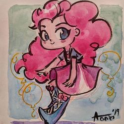 Size: 640x640 | Tagged: safe, artist:agnesgarbowska, pinkie pie, equestria girls, g4, abstract background, balloon, blush sticker, blushing, boots, chibi, clothes, cute, diapinkes, female, looking at you, marker drawing, shoes, signature, skirt, smiling, solo, traditional art, watercolor painting