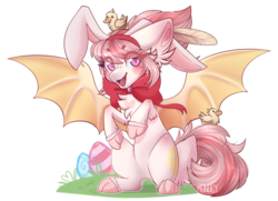 Size: 1584x1146 | Tagged: safe, artist:monogy, oc, oc:ducky, bat pony, pony, animal costume, bunny costume, clothes, costume, duckling, female, mare, neck bow, simple background, solo, transparent background
