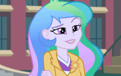 Size: 640x400 | Tagged: safe, screencap, dean cadance, princess cadance, princess celestia, princess luna, principal celestia, vice principal luna, equestria girls, g4, my little pony equestria girls: friendship games, animated, clothes, condescending princesses, cutie mark, cutie mark accessory, cutie mark on clothes, female, gif, lidded eyes, smiling, smirk, smuglestia, smugluna