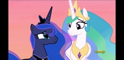 Size: 2220x1080 | Tagged: safe, screencap, princess celestia, princess luna, pony, a royal problem, g4, black bars, confused, discovery family, discovery family logo, duo, duo female, ethereal mane, female, logo, looking at each other, looking at someone, mare, pillarboxing, royal sisters, simple background, sisters, smiling, starry mane