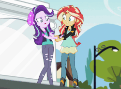 Size: 660x484 | Tagged: safe, screencap, starlight glimmer, sunset shimmer, equestria girls, equestria girls specials, g4, my little pony equestria girls: mirror magic, animated, beanie, clothes, female, flailing, frown, gif, hat, losing balance, open mouth, shivering, wide eyes