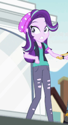 Size: 327x595 | Tagged: safe, screencap, cloudy kicks, starlight glimmer, sunset shimmer, tennis match, equestria girls, equestria girls specials, g4, my little pony equestria girls: mirror magic, animated, beanie, female, hat, trembling