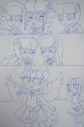 Size: 2748x4132 | Tagged: safe, artist:徐詩珮, fizzlepop berrytwist, glitter drops, spring rain, tempest shadow, twilight sparkle, oc, oc:betty pop, oc:storm lightning, oc:vesty sparkle, alicorn, equestria girls, g4, my little pony: the movie, crying, equestria girls-ified, female, half-siblings, half-sisters, jewelry, lesbian, lineart, magical lesbian spawn, midnight sparkle, mother and daughter, offspring, parent:flash sentry, parent:glitter drops, parent:spring rain, parent:tempest shadow, parent:twilight sparkle, parents:flashlight, parents:glittershadow, parents:springshadow, polyamory, ponied up, royal guard, sad, ship:glittershadow, ship:springdrops, ship:springshadow, ship:springshadowdrops, shipping, siblings, sisters, tempest becomes a royal guard, traditional art, twilight sparkle (alicorn)