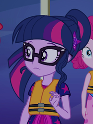 Size: 791x1060 | Tagged: safe, screencap, pinkie pie, sci-twi, twilight sparkle, equestria girls, equestria girls specials, g4, my little pony equestria girls: better together, my little pony equestria girls: spring breakdown, clothes, cropped, cute, female, geode of telekinesis, glasses, lifejacket, magical geodes, offscreen character, ponytail, solo focus, twiabetes