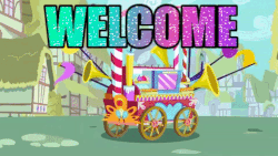 Size: 480x270 | Tagged: safe, edit, edited screencap, screencap, cranky doodle donkey, pinkie pie, pony, a friend in deed, g4, season 2, animated, caption, cart, eyes closed, gif, happy, image macro, party, ponyville, slide, sliding, song, text, welcome, welcome song