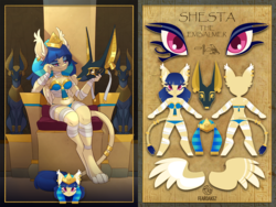 Size: 1440x1080 | Tagged: safe, artist:kez, oc, oc only, oc:shesta, hybrid, sphinx, anthro, digitigrade anthro, anthro oc, anubis, armpits, badge, bandage, blue underwear, breasts, cat paws, ceremonial makeup, clothes, con badge, egypt, egyptian, egyptian pony, eye of horus, feather, female, gold, hat, jewelry, leonine tail, mask, midriff, mummification, mummy, nemes headdress, piercing, reference sheet, ring, sphinx oc, throne, underwear, wings, wrapping