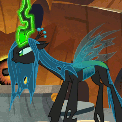 Size: 540x540 | Tagged: safe, screencap, queen chrysalis, changeling, changeling queen, g4, the beginning of the end, animated, cropped, crystal ball, female, gif, glowing horn, grogar's orb, horn, lair, loop, magic, reversed, ruins, solo