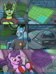 Size: 3024x4032 | Tagged: safe, artist:tacomytaco, oc, oc only, oc:admiral casey, oc:captain conray, oc:eickland, earth pony, pony, comic:space floofs, alcohol, bipedal, blushing, clothes, comic, crossed arms, drunk, headset, microphone, space, spaceship, straw, text, uniform