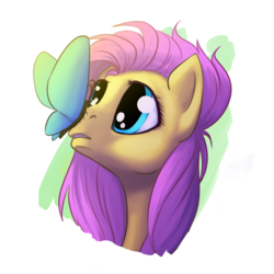 Size: 1500x1500 | Tagged: safe, artist:bel-assa, fluttershy, butterfly, pony, g4, bust, butterfly on nose, female, insect on nose, looking at something, mare, portrait, simple background, solo, three quarter view, transparent background