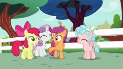 Size: 1280x720 | Tagged: safe, screencap, apple bloom, cozy glow, scootaloo, sweetie belle, earth pony, pegasus, pony, unicorn, g4, marks for effort, cutie mark, cutie mark crusaders, female, filly, the cmc's cutie marks