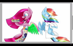 Size: 1280x800 | Tagged: artist needed, safe, pinkie pie, rainbow dash, earth pony, pegasus, pony, fanfic:cupcakes, fanfic:rainbow factory, g4, clothes, cupcake, cupcake pinkie, cutie mark dress, dress, fake wings, food, horn, horn necklace, lab coat, necklace, pinkamena diane pie, rainbow cupcake, rainbow factory dash, severed horn