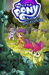 Size: 1400x2125 | Tagged: safe, idw, official comic, apple bloom, scootaloo, sweetie belle, earth pony, pegasus, pony, unicorn, g4, spirit of the forest, spoiler:comic, apple core, bottle, cutie mark, cutie mark crusaders, female, filly, foal, litter, my little pony logo, the cmc's cutie marks, trash