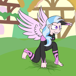 Size: 2500x2500 | Tagged: safe, artist:alexmichanikos, silverstream, human, g4, uprooted, barefoot, feet, female, high res, humanized, jewelry, necklace, parody, redraw, scene parody, solo, superhero landing, two toned mane, wetsuit, winged humanization, wings