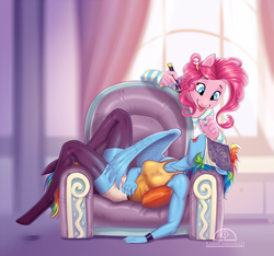 Size: 1204x1125 | Tagged: safe, artist:ladychimaera, pinkie pie, rainbow dash, earth pony, pegasus, anthro, unguligrade anthro, g4, :p, black socks, book, clothes, couch, duo, female, lying down, mare, marker, nail polish, open mouth, pillow, prank, shorts, silly, sleeping, smiling, socks, stockings, thigh highs, tongue out, wings