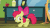 Size: 500x281 | Tagged: safe, screencap, apple bloom, earth pony, pony, bloom & gloom, g4, alternate cutie mark, animated, apple, cutie mark, discovery family logo, female, food, inception, one eye closed, scared, wink