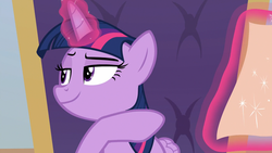 Size: 1280x720 | Tagged: safe, screencap, twilight sparkle, alicorn, pony, g4, the beginning of the end, chair, female, glowing horn, horn, letter, magic, mare, pointing, raised eyebrow, smiling, smirk, smuglight sparkle, solo, telekinesis, twilight sparkle (alicorn)