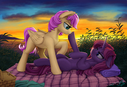 Size: 2500x1723 | Tagged: safe, artist:1jaz, oc, oc only, pegasus, pony, unicorn, g4, bedroom eyes, blank flank, boop, cottagecore, female, lesbian, looking at each other, mare, oc x oc, on back, picnic, scenery, shipping, sunset, water, ych result