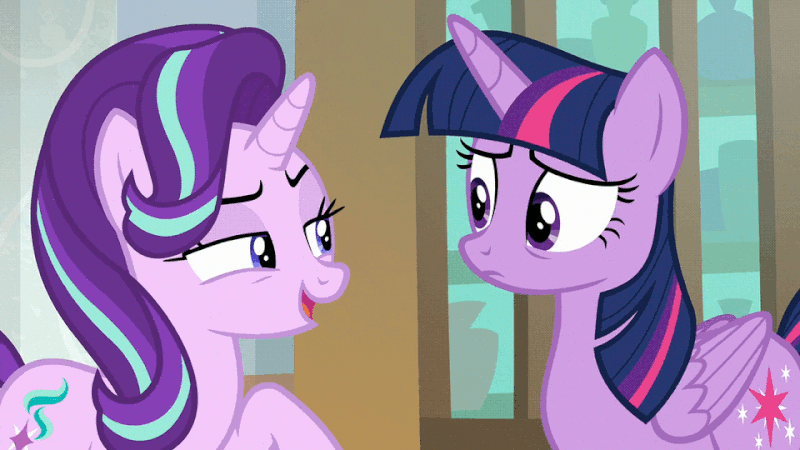2017668 - safe, screencap, starlight glimmer, twilight sparkle, alicorn,  pony, unicorn, the beginning of the end, animated, duo, duo female, female,  gif, loop, reversed, school of friendship, smug, smuglight glimmer, stare,  twilight