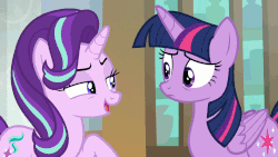 Size: 960x540 | Tagged: safe, screencap, starlight glimmer, twilight sparkle, alicorn, pony, unicorn, g4, the beginning of the end, animated, duo, duo female, female, gif, loop, reversed, school of friendship, smug, smuglight glimmer, stare, twilight sparkle (alicorn)