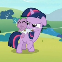 Size: 522x523 | Tagged: safe, screencap, spike, twilight sparkle, dragon, pony, g4, sparkle's seven, baby, baby spike, cropped, diaper, dragons riding ponies, female, filly, filly twilight sparkle, kite, laughing, mouth hold, raised leg, riding, spike riding twilight, younger