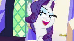 Size: 1920x1080 | Tagged: safe, screencap, rarity, pony, unicorn, g4, season 9, sparkle's seven, discovery family logo, dreamworks face, faic, female, friendship throne, lidded eyes, mare, open mouth, open smile, smiling, smirk, solo