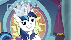 Size: 1920x1080 | Tagged: safe, screencap, shining armor, pony, unicorn, g4, sparkle's seven, discovery family logo, hard-won helm of the sibling supreme, male, smug, solo, stallion