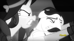 Size: 1920x1080 | Tagged: safe, screencap, rarity, earth pony, pony, unicorn, g4, season 9, sparkle's seven, bartender, black and white, detective rarity, discovery family logo, grayscale, juice jackie, monochrome, noir, unnamed character, unnamed pony
