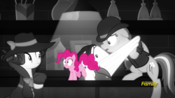 Size: 1920x1080 | Tagged: safe, screencap, pinkie pie, rainbow dash, rarity, earth pony, pegasus, pony, unicorn, g4, sparkle's seven, bartender, black and white, detective rarity, discovery family logo, grayscale, investigator dash, juice jackie, monochrome, unnamed character, unnamed pony