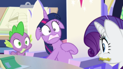 Size: 1920x1080 | Tagged: safe, screencap, rarity, spike, twilight sparkle, alicorn, dragon, pony, unicorn, g4, sparkle's seven, book, cutie map, discovery family logo, floppy ears, friendship throne, gasp, heart attack, twilight sparkle (alicorn)