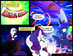 Size: 1000x773 | Tagged: safe, artist:pixelkitties, princess luna, rarity, alicorn, pony, spider, unicorn, g4, comic, crossover, female, mare, smiling, spider-gwen, spider-man: into the spider-verse