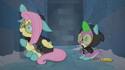 Size: 1920x1080 | Tagged: safe, screencap, fluttershy, spike, dragon, pegasus, pony, g4, sparkle's seven, bunny ears, claustrophobia, clothes, costume, dangerous mission outfit, discovery family logo, goggles, hoodie