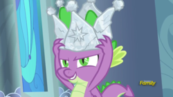 Size: 1920x1080 | Tagged: safe, screencap, spike, dragon, g4, sparkle's seven, crown, discovery family logo, grin, hard-won helm of the sibling supreme, jewelry, male, regalia, smiling, winged spike, wings