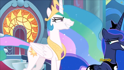 Size: 882x496 | Tagged: safe, screencap, princess celestia, princess luna, alicorn, pony, g4, sparkle's seven, canterlot, canterlot castle, discovery family logo, faic, forced smile, sibling rivalry, smiling, stained glass, throne, throne room