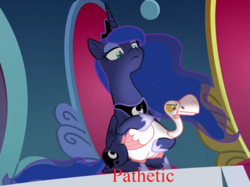 Size: 1241x929 | Tagged: safe, edit, edited screencap, screencap, princess luna, alicorn, bird, goose, pony, g4, sparkle's seven, animal, cropped, discovery family logo, duo, ethereal mane, female, lidded eyes, luna petting goose, mare, pathetic, solo, starry mane