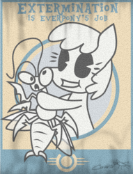 Size: 611x800 | Tagged: safe, artist:cazra, oc, oc:stable filly, earth pony, insect, pony, radroach, fallout equestria, pac-man eyes, poster, propaganda, propaganda poster, stable-tec, strangling
