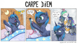 Size: 1750x1000 | Tagged: safe, artist:frenkieart, princess celestia, princess luna, tiberius, alicorn, bat pony, opossum, pony, g4, :t, bed, bed mane, bound wings, carpe diem, comic, cuffs, dialogue, eyes closed, female, floppy ears, frown, guards, handcuffed, hoof shoes, horn, horn sock, implied magic suppression, male, mare, night guard, nose wrinkle, open mouth, pet, rope, s1 luna, shackles, speech bubble, stallion, traditional art
