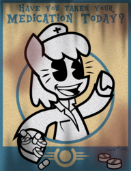Size: 613x800 | Tagged: safe, artist:cazra, oc, oc:stable filly, earth pony, pony, fallout equestria, doctor, medicine, nurse, pac-man eyes, pills, poster, public service announcement, stable-tec