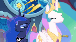 Size: 806x451 | Tagged: safe, screencap, princess celestia, princess luna, pony, g4, sparkle's seven, animated, celestia is not amused, crown, duckface, duo, eyes closed, female, floppy ears, flowing mane, gif, grumpy, grumpy celestia, grumpy luna, jewelry, luna is not amused, mare, pouting, raised eyebrow, regalia, royal sisters, sibling rivalry, sisters, unamused